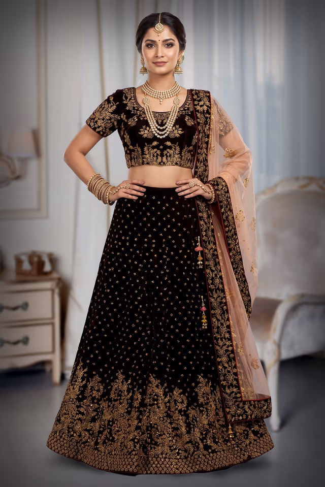 Deep Maroon Heavy Bridal Lehenga, With Blush Pink Dupatta — back view, rent in Bangalore