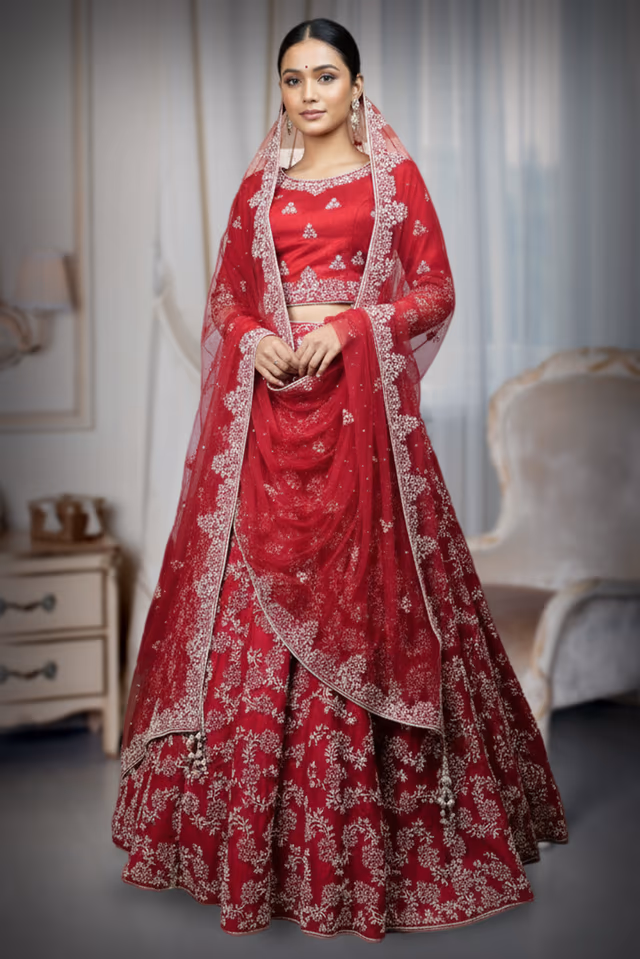 Deep Maroon Lehenga with Ivory Thread and Zardozi Embroidery — back view, rent in Kochi