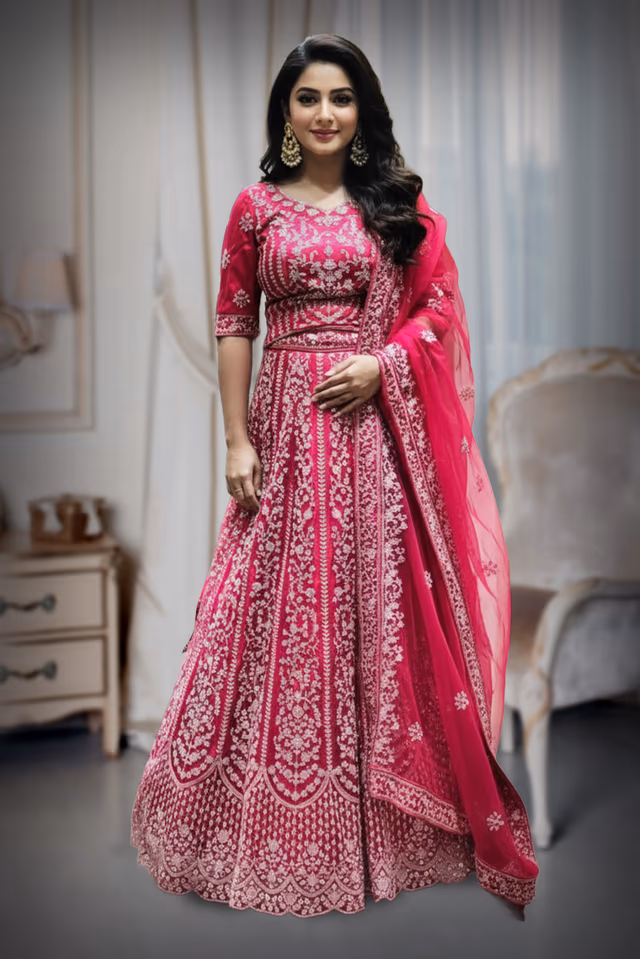 Deep Rani Pink Silk Lehenga with Intricate Silver-Toned Embroidery — back view, rent in Kochi