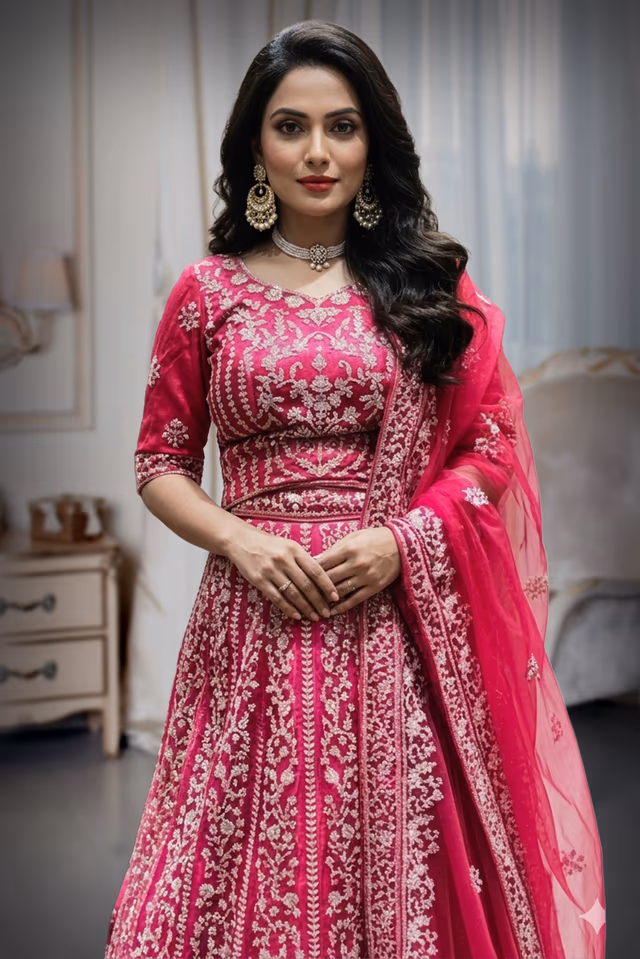 Deep Rani Pink Silk Lehenga with Intricate Silver-Toned Embroidery — rent in Kochi