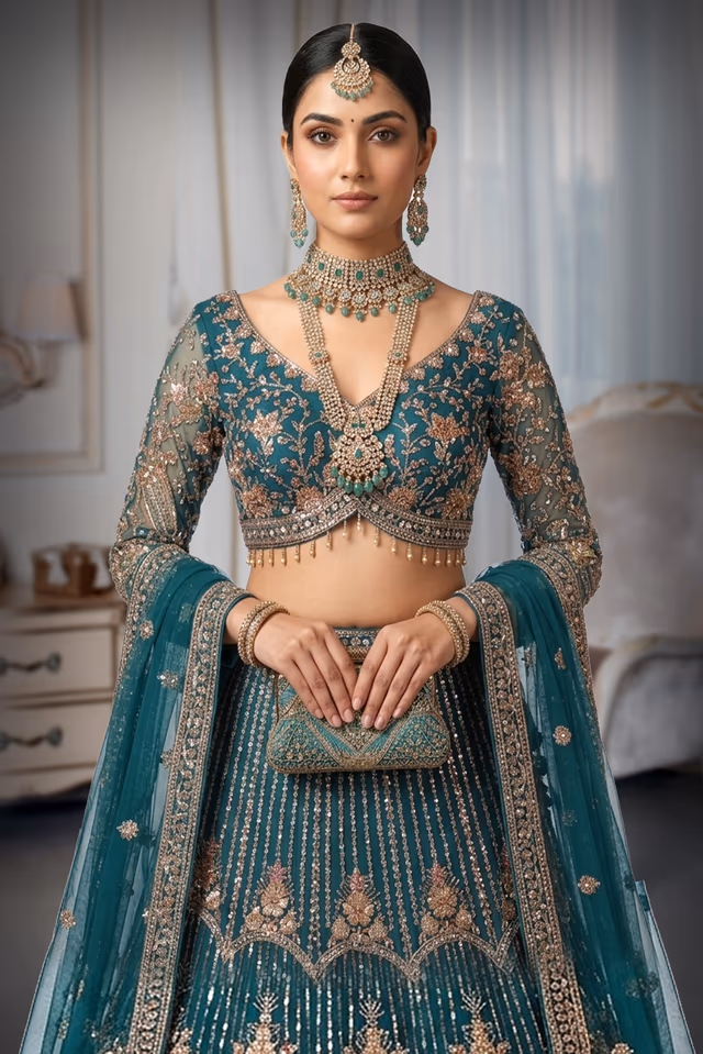 Deep Teal Blue Net Lehenga Choli with Intensive Antique Gold & Rose Gold Embroidery — rent in Kochi