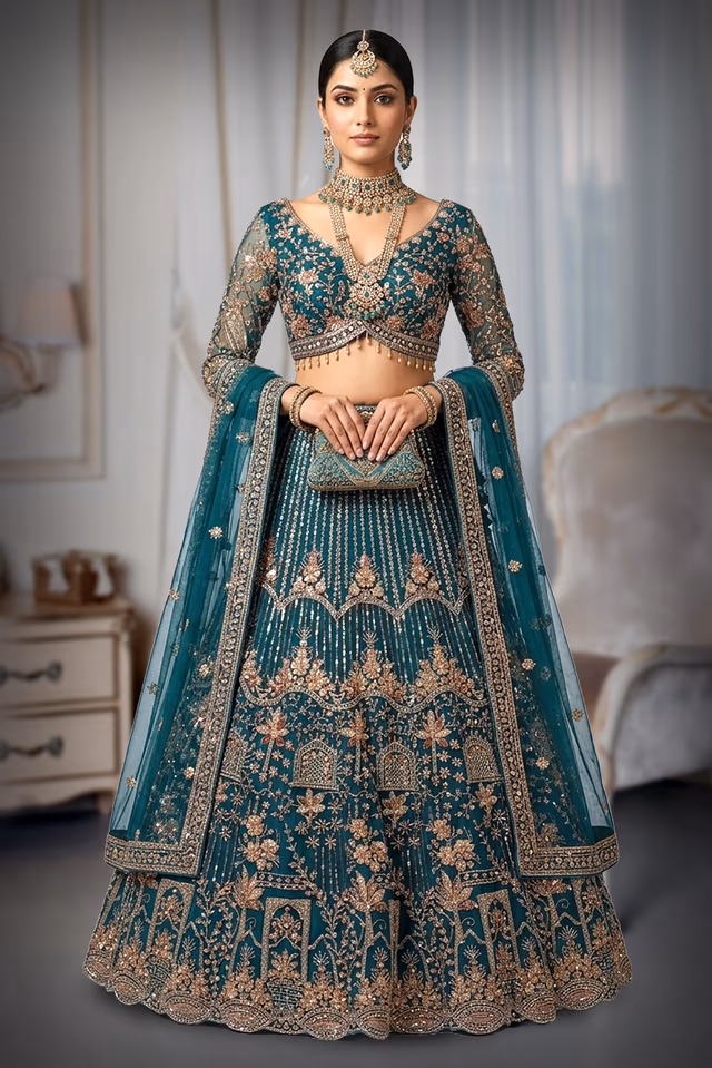 Deep Teal Blue Net Lehenga Choli with Intensive Antique Gold & Rose Gold Embroidery — back view, rent in Kochi