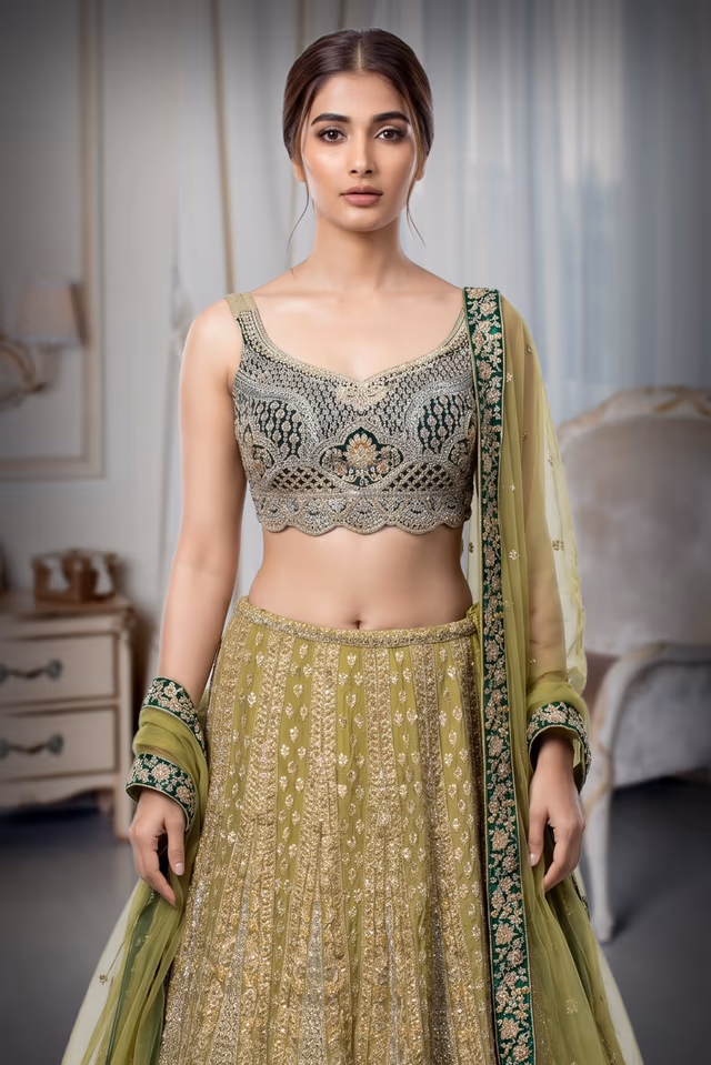 Delightful Haldi Lehenga With A Mix Of Lime Yellow And Green Heavy worked Lehenga — rent in Coimbatore