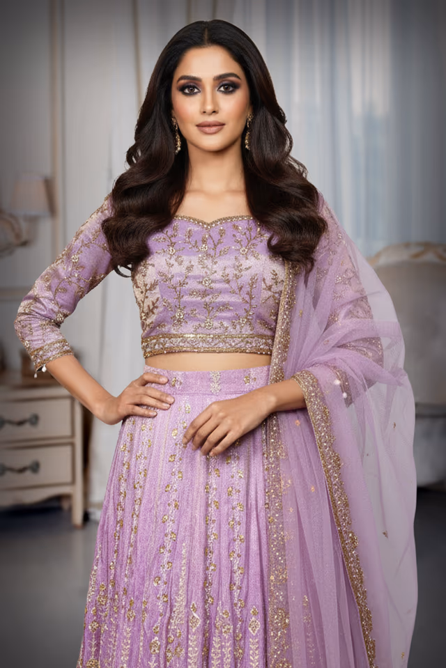 Dual-Tone Lilac and Pink Silk Embroidered Full-Sleeve Lehenga Set — rent in Kochi