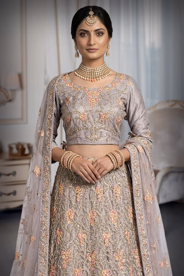 Dusky Grey Lehenga With Bloom Peach Pink Floral Embroidery Details — rent in Bangalore