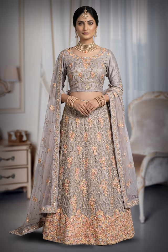 Dusky Grey Lehenga With Bloom Peach Pink Floral Embroidery Details — back view, rent in Bangalore