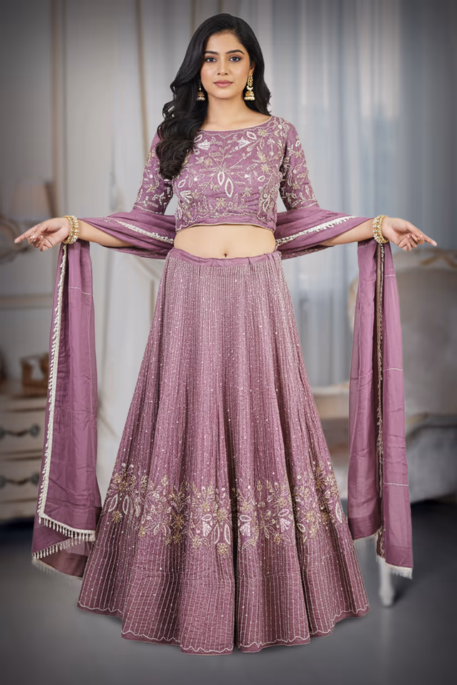 Dusty Mauve Embroidered Lehenga — back view, rent in Bangalore