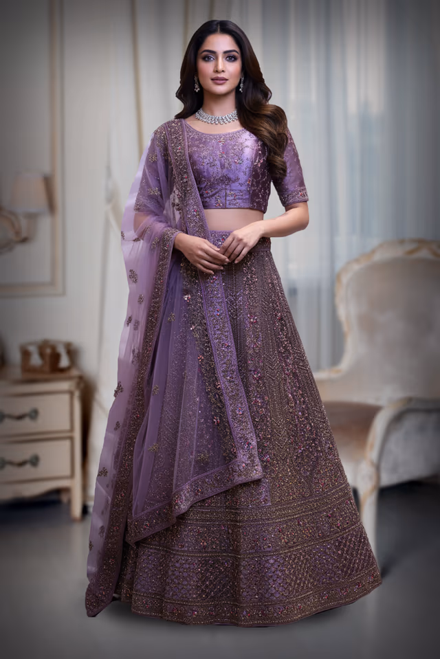 Dusty Mauve Heavily Embellished Bridal Lehenga — back view, rent in Kochi
