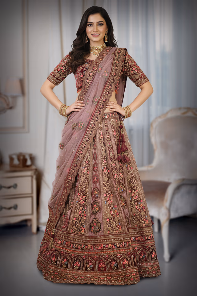 Dusty Mauve, Rose Pink, Deep Maroon, And Antique Gold Heavily Embroidered Bridal Lehenga Choli — back view, rent in Bangalore