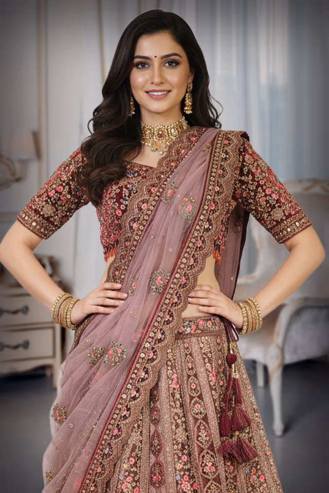 Dusty Mauve, Rose Pink, Deep Maroon, And Antique Gold Heavily Embroidered Bridal Lehenga Choli — rent in Bangalore