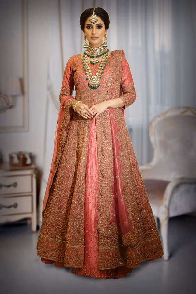 Elaborate Sequined and Embroidered Arabic lehenga with Layered Front Slit — rent in Calicut