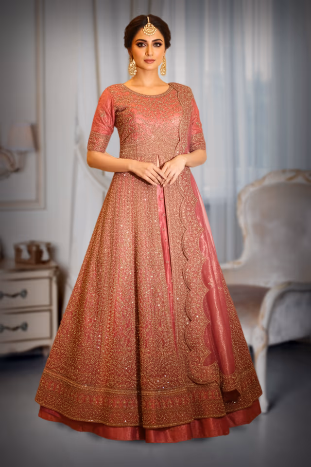 Elaborate Sequined and Embroidered Arabic lehenga with Layered Front Slit — back view, rent in Calicut