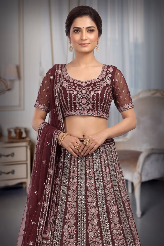 Heavy Embroidered Bridal Lehenga With Mirror Work Details All Over the Skirt And  Blouse Along WIth… — rent in Calicut