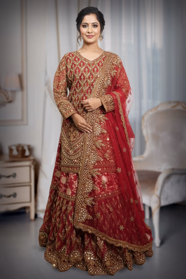 Heavy Embroidered Elegant Gharara Lehenga set with duppatta — back view, rent in Kochi