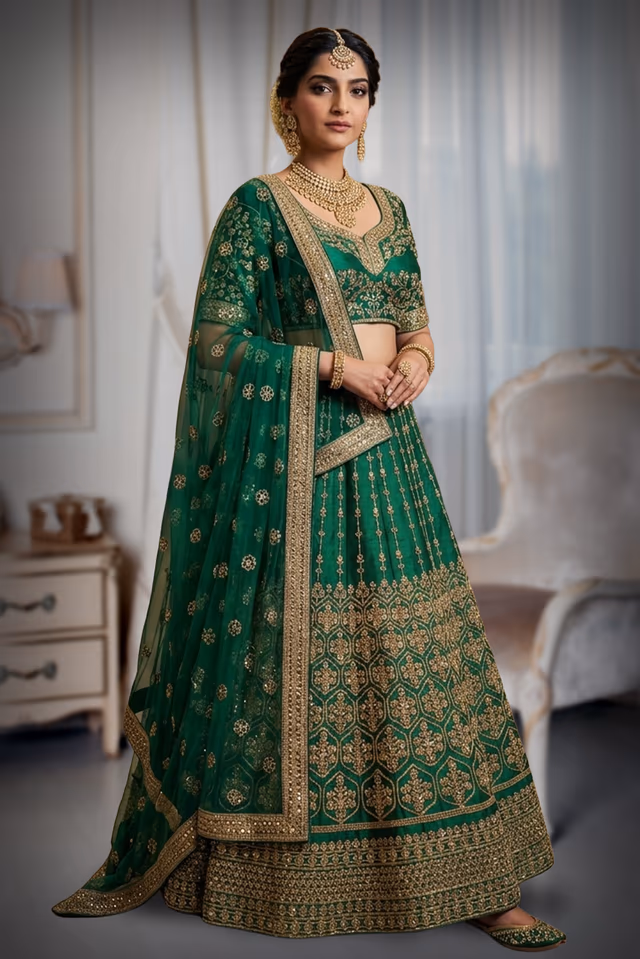 Emerald Green Silk Lehenga Choli with Traditional Gold Zari Kalidar Embroidery — back view, rent in Kochi
