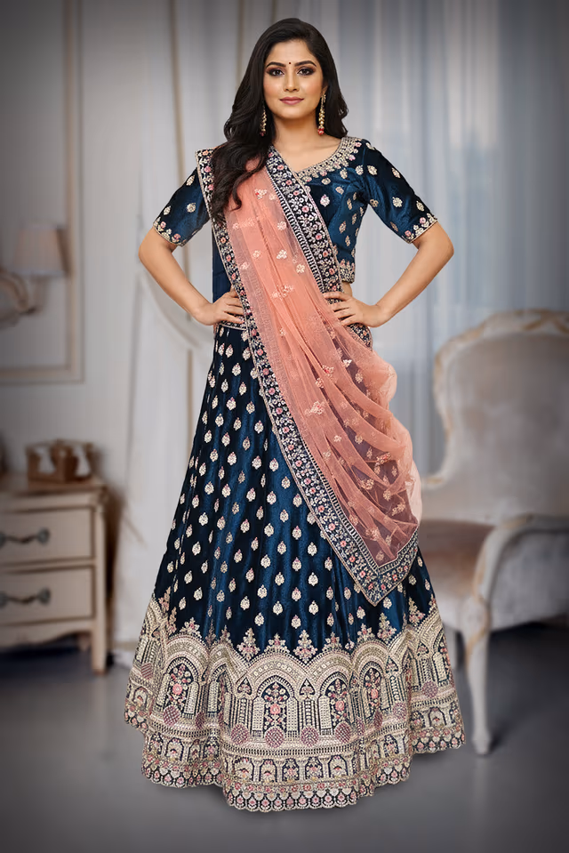 Enchanted Midnight Blue Lehenga — back view, rent in Bangalore