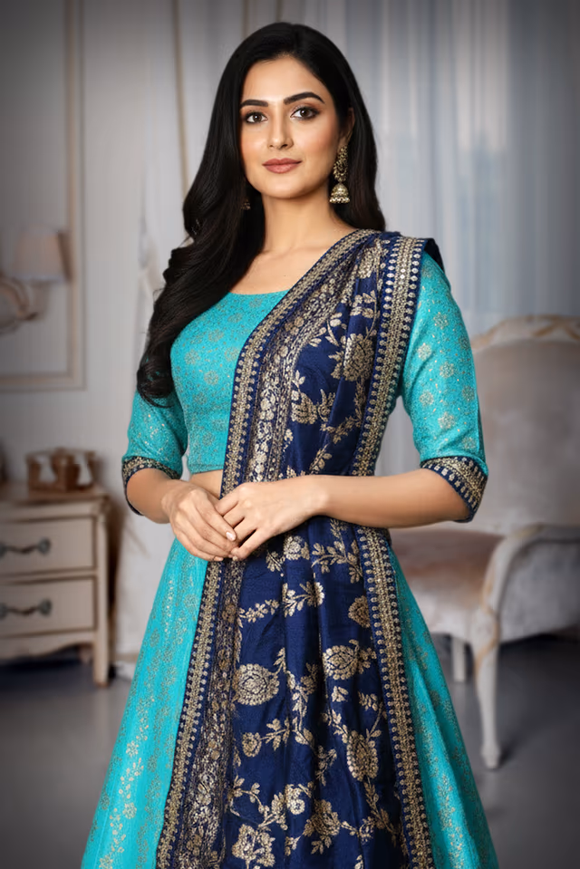 Exquisite Teal and Gold Printed Lehenga with Embroidered Dupatta — rent in Kochi