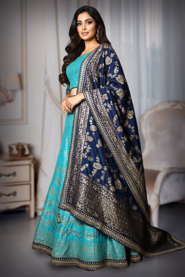 Exquisite Teal and Gold Printed Lehenga with Embroidered Dupatta — back view, rent in Kochi