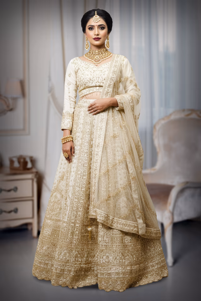 Exquisite White Lehenga Choli Showcases Detailed Handcrafted Stone Work Designs — back view, rent in Calicut