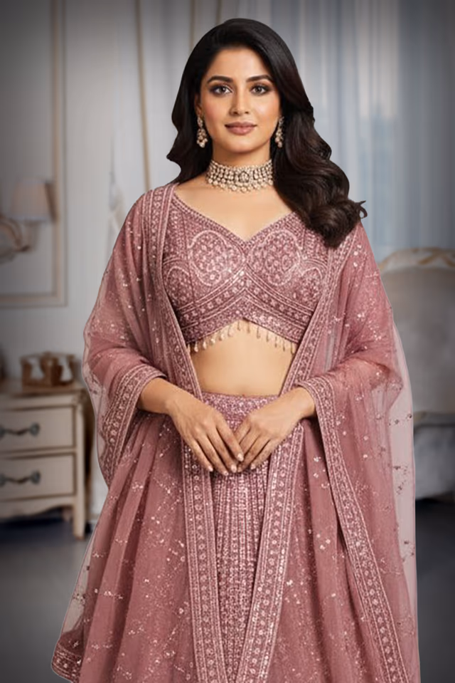 Flamingo Pink Handworked Bridal Lehenga With Intricate Embroidered Crop Top And Threadworked Dupatta — rent in Calicut