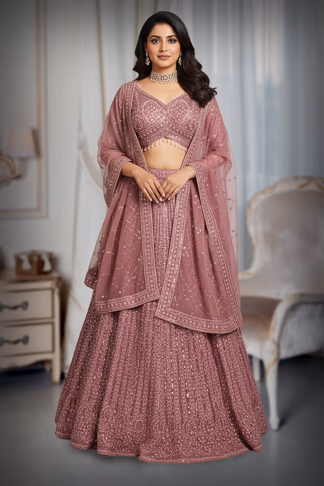 Flamingo Pink Handworked Bridal Lehenga With Intricate Embroidered Crop Top And Threadworked… — back view, rent in Calicut