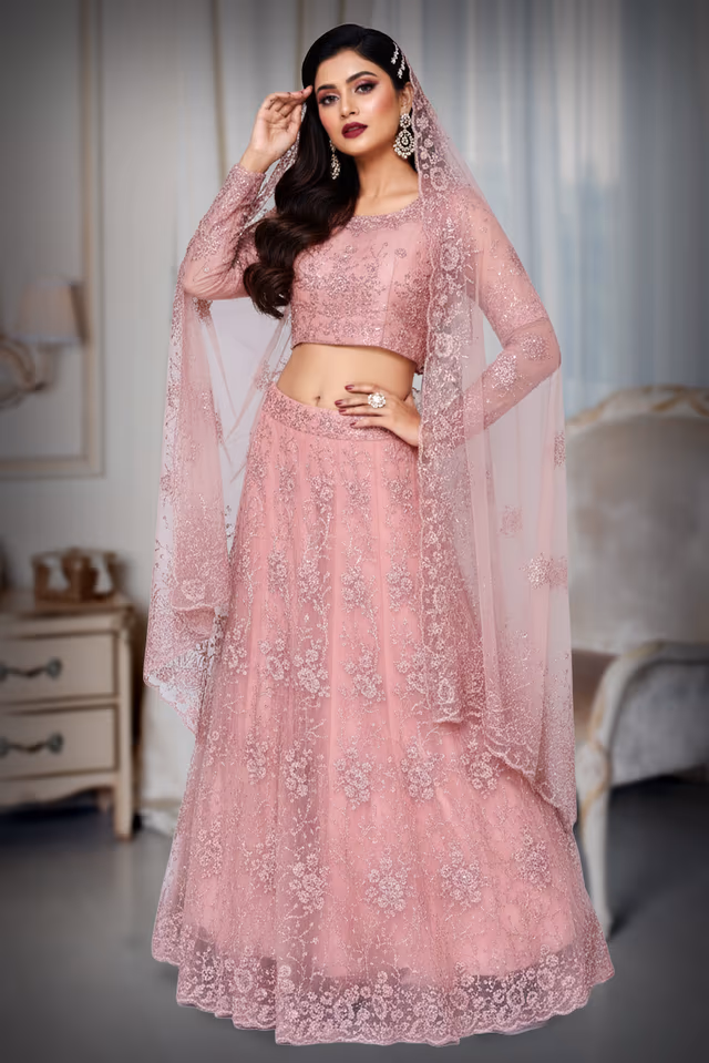Floral embrodered lehenga with shiny — back view, rent in Bangalore