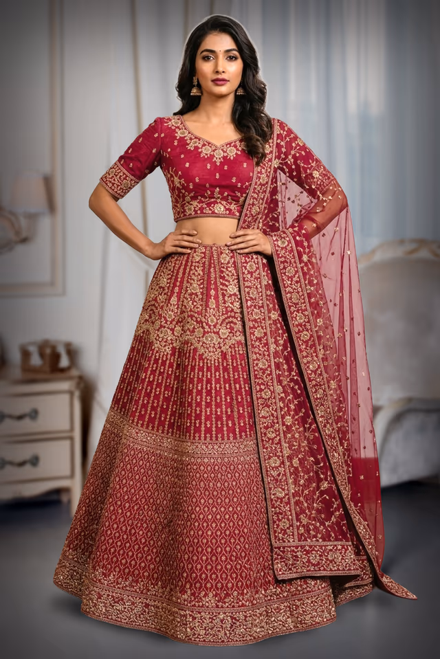 Elegant Floral Embroidered Lehenga with Perfectly Coordinated Designer Blouse Set — back view, rent in Bangalore