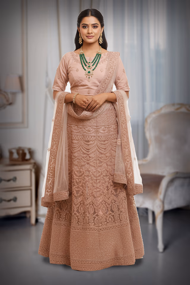 Floral Embroidery Patterns Lehenga with Stone and Sequins Work — back view, rent in Kochi