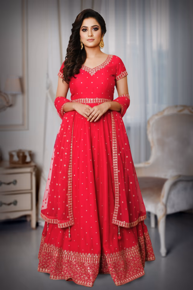 Glamorous Ruby Red Attire, Showcasing Elaborate Handwork And A Majestic Presence — back view, rent in Calicut