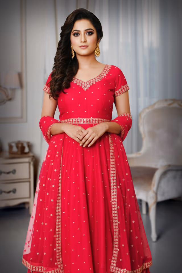 Glamorous Ruby Red Attire, Showcasing Elaborate Handwork And A Majestic Presence — rent in Calicut