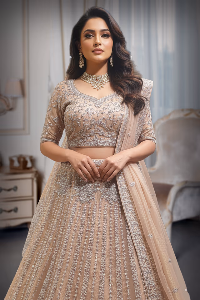 Golden Beige Threadworked and stone Embossed Lehenga along withheavy worked dhuppatta — rent in Coimbatore