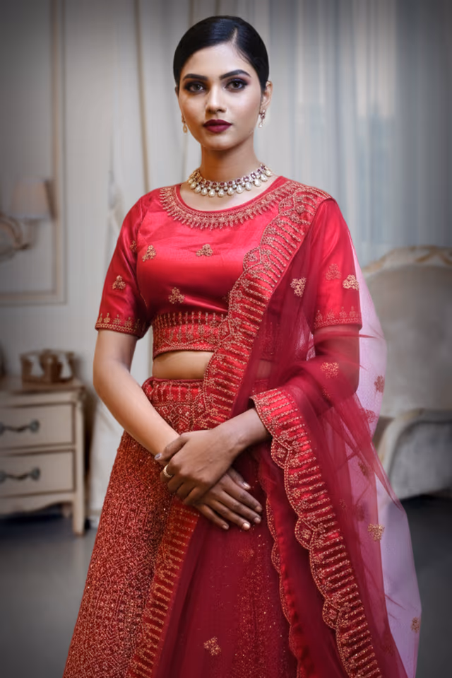 Heavy Golden-Brown or Bronze-Tone Embroidered Bridal Lehenga Set — rent in Kochi