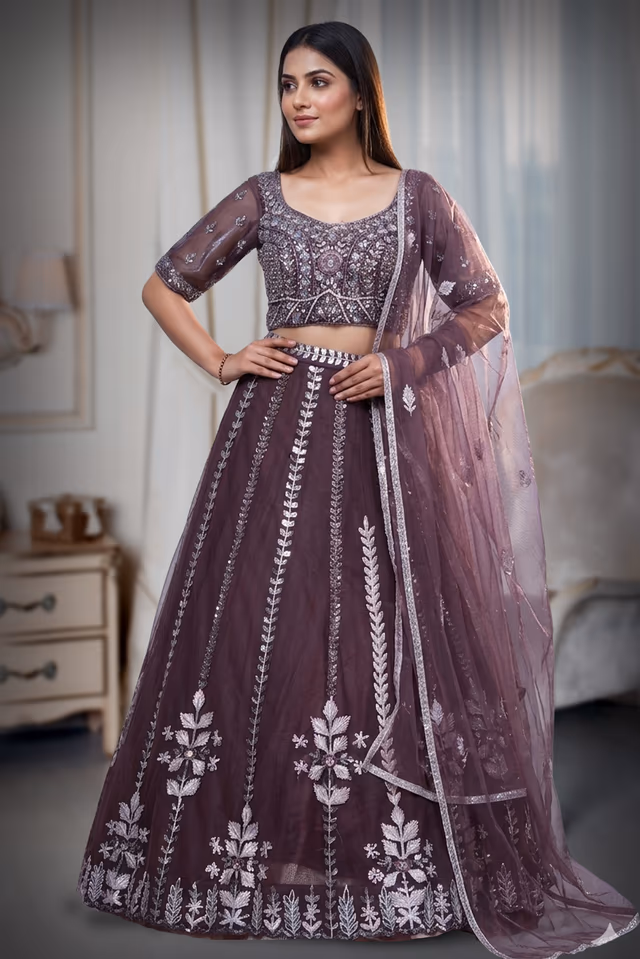 Golden Handworked Brown Wedding Lehenga With Same Colour Dupatta — back view, rent in Bangalore
