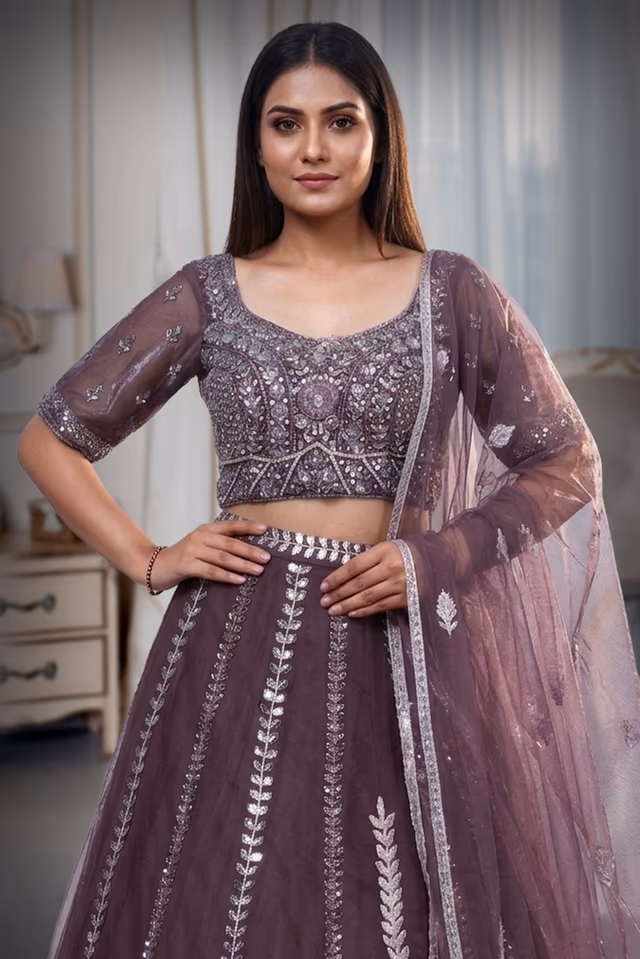 Golden Handworked Brown Wedding Lehenga With Same Colour Dupatta — rent in Bangalore