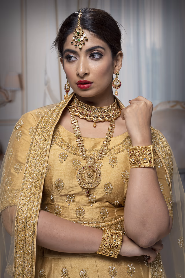 Golden Jarkan Stone Silk Lehenga — rent in Calicut