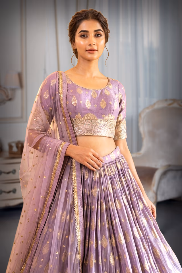 Golden In Lavender Zari Threadwork Detailed Minimal Pre Wedding Lehenga — rent in Kochi