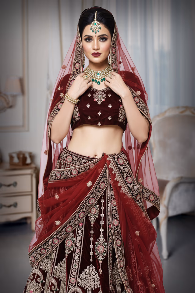 Golden Maroon velvet lehenga — rent in Bangalore