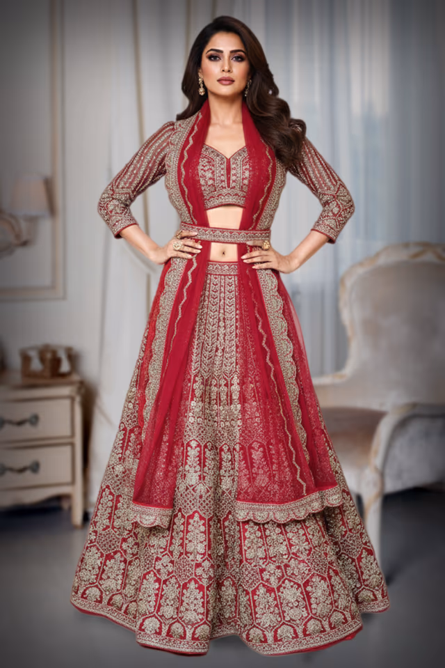 Heavy golden ruby pink lehenga — back view, rent in Bangalore