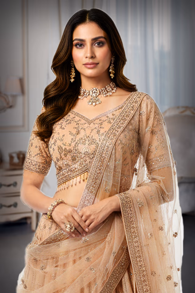 Graceful Pale Peach Lehenga Choli Set Detailed With Delicate Floral Embroidery And Shimmering Accents — rent in Calicut
