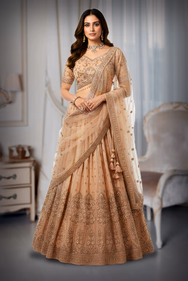 Graceful Pale Peach Lehenga Choli Set Detailed With Delicate Floral Embroidery And Shimmering… — back view, rent in Calicut