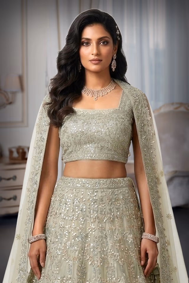 Graceful Pastel Blue Lehenga Choli Set Detailed With Delicate Floral Embroidery And Shimmering Accents — rent in Calicut