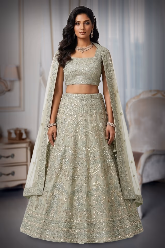 Graceful Pastel Blue Lehenga Choli Set Detailed With Delicate Floral Embroidery And Shimmering… — back view, rent in Calicut