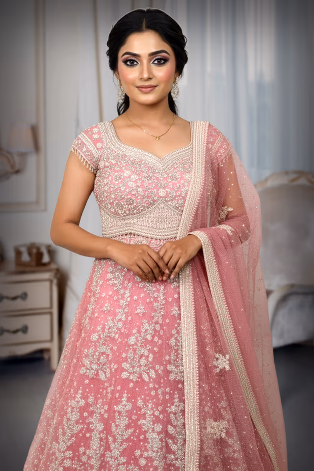 Graceful Peach Lehenga Choli Set Detailed With Delicate Floral Embroidery And Shimmering Accents — rent in Calicut