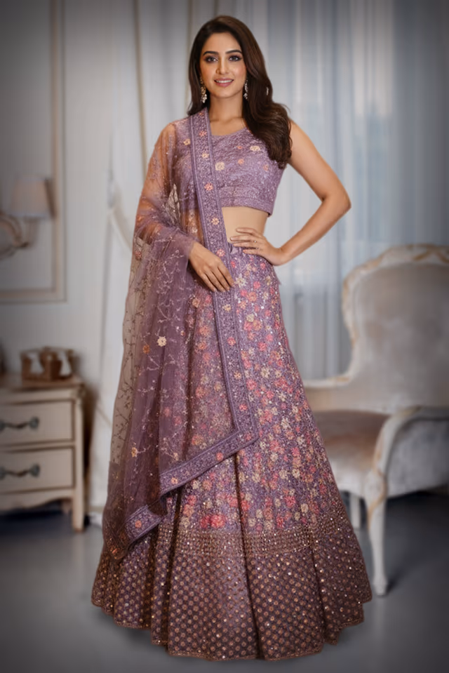 Graceful Purple Lehenga with All-Over Floral Embroidery and Net Dupatta — back view, rent in Kochi