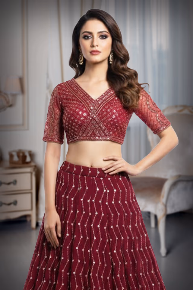 Graceful Rani Pink Lehenga Choli Set Detailed With Delicate Floral Embroidery And Shimmering Accents — rent in Calicut