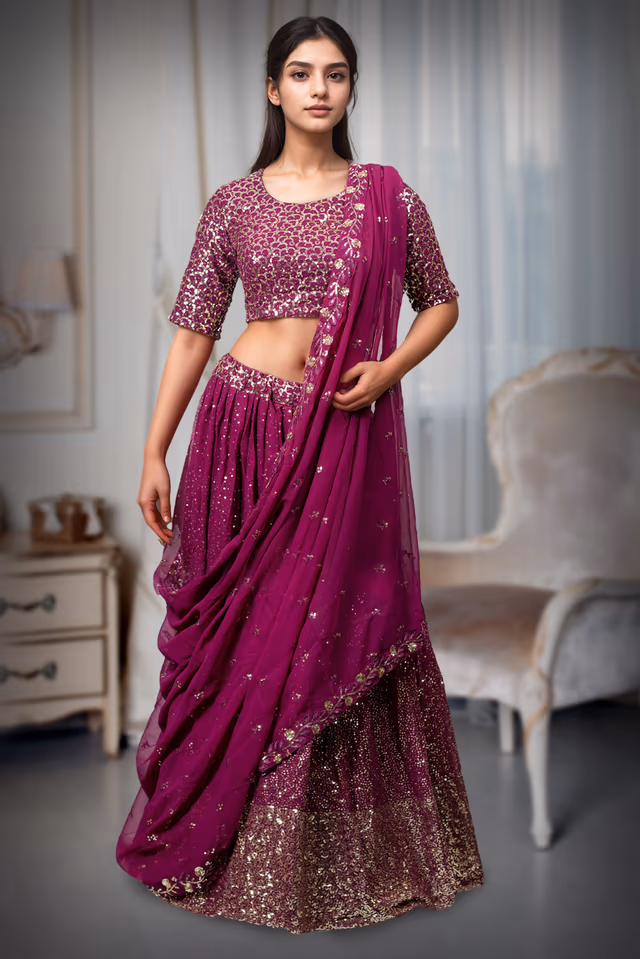 Grape Colour Minimal Lehenga With Heavy Sequin Work Embellishment — back view, rent in Bangalore