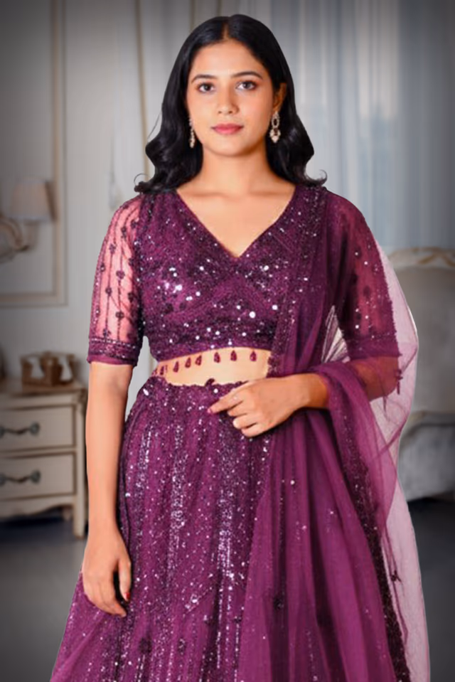 Grape Wine Heavy Embellished Bridal Lehenga With Golden Stone Details On Skirt , Crop Top And Dupatta — rent in Calicut