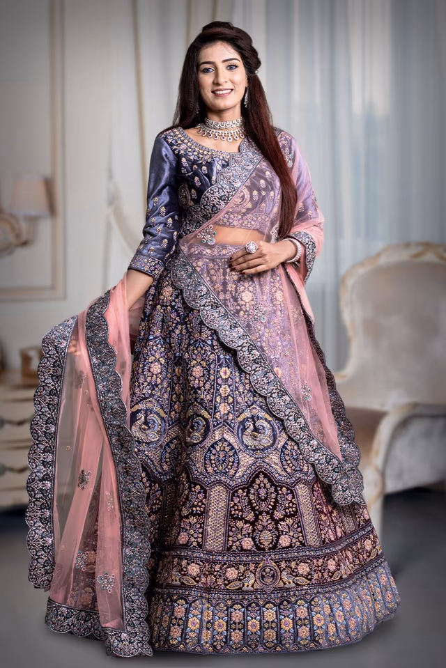 Gray & Maroon combination jarkan stone work lehenga — back view, rent in Coimbatore