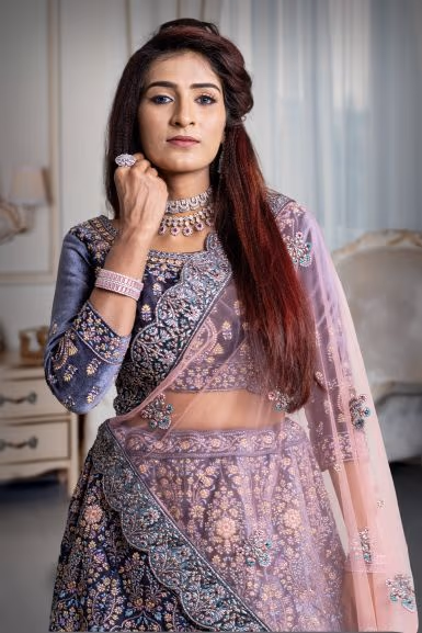 Gray & Maroon combination jarkan stone work lehenga — rent in Coimbatore