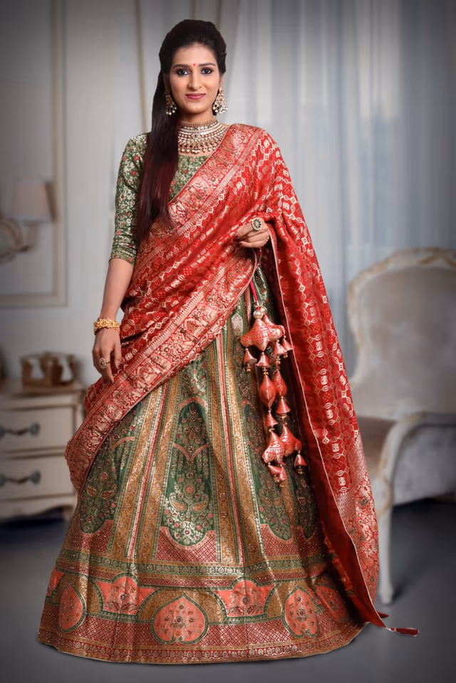 Green multi colour banarasi jarkan work lehenga — back view, rent in Bangalore